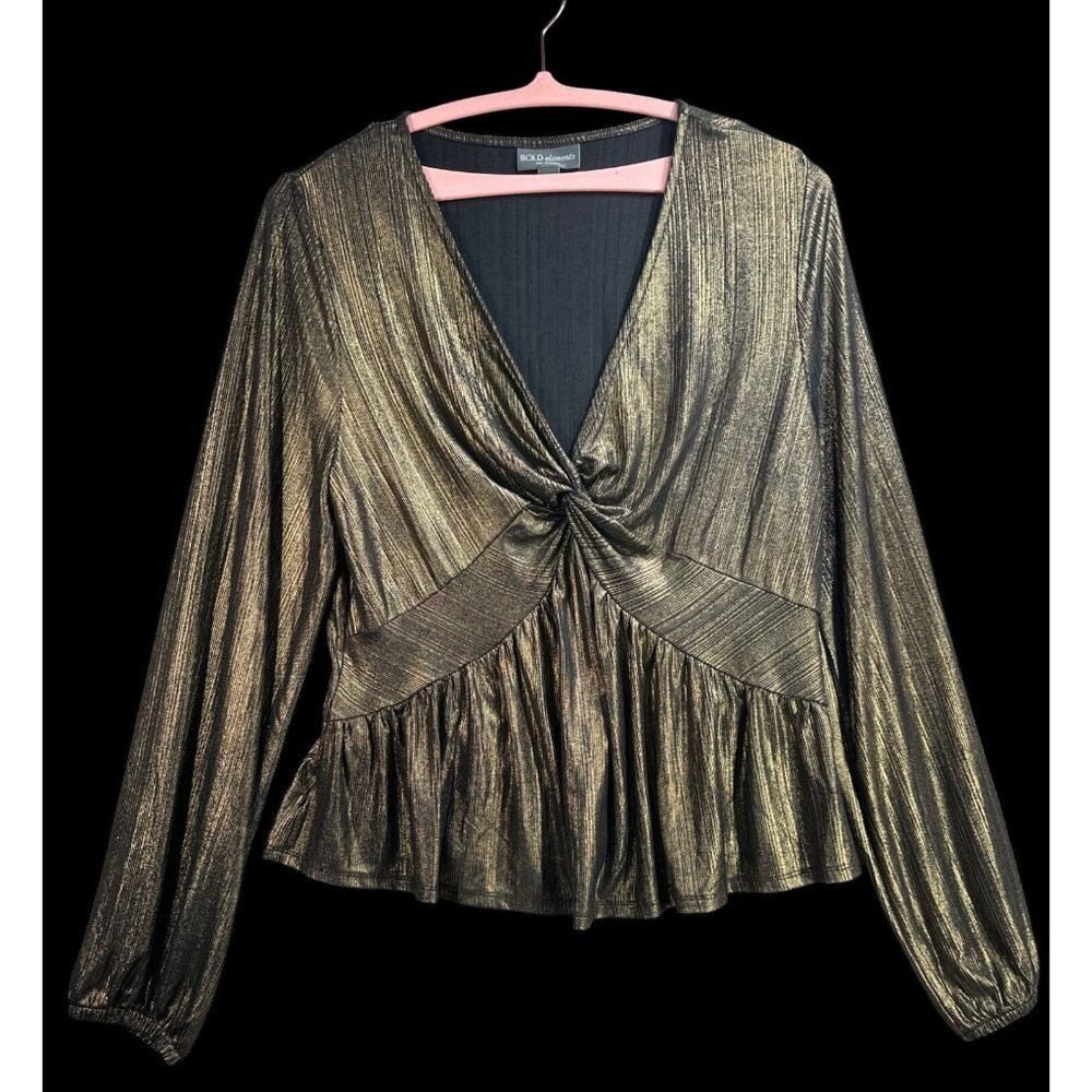 Bold Elements Women's Gold Foil V-Neck Top Sz XL Stretch Party Cruise Wedding‎